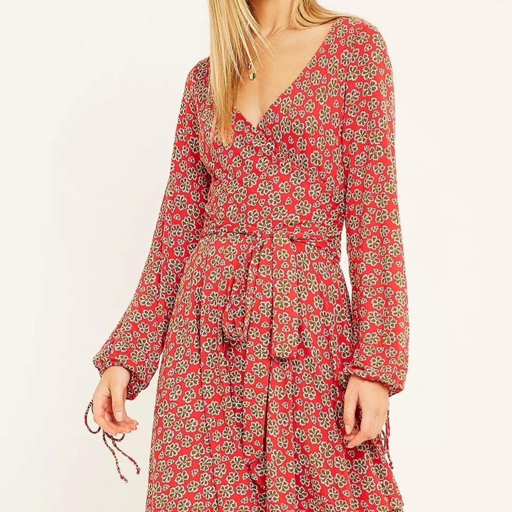 Free People Pradera Wrap Dress Red Floral Long Sleeve Dress Small